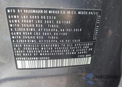 2022 Volkswagen Tiguan 2.0T Sel R-Line из США, поврежденный, VIN 3VV4B7AX0NM166962